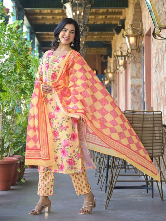 Floral Printed Straight Kurta With Trouser And Dupatta