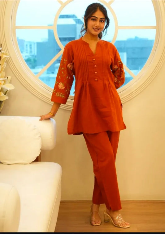 Cotton co-ord set flower embroidery in hand