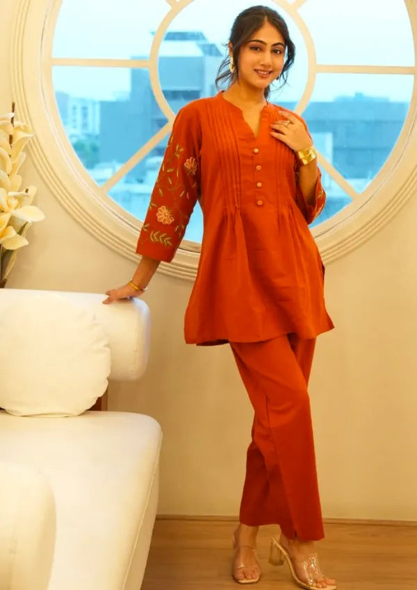 Cotton co-ord set flower embroidery in hand