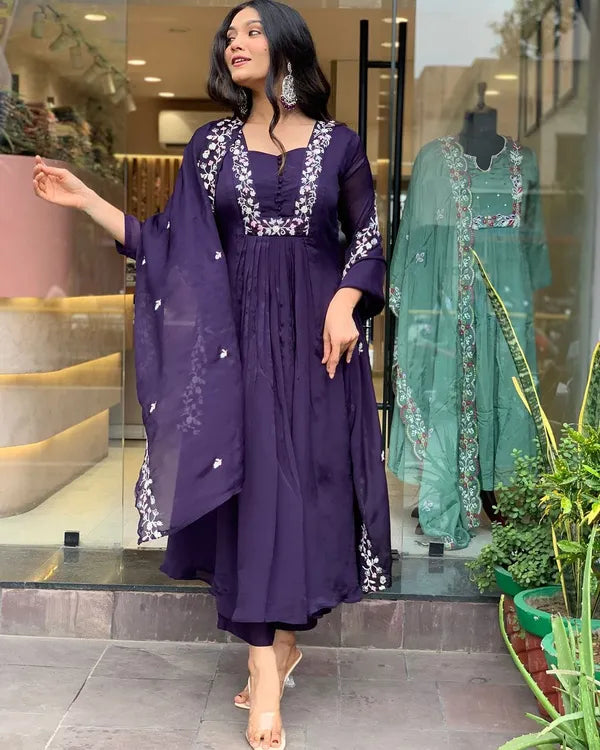 Purple Cotton Super Dying With Beautiful Embroidery Work Kurta & Pant With Dupatta For Women