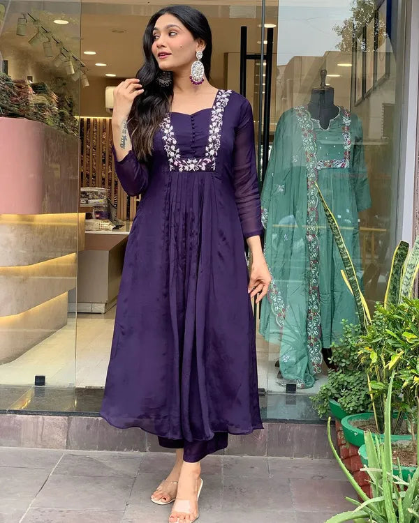 Purple Cotton Super Dying With Beautiful Embroidery Work Kurta & Pant With Dupatta For Women