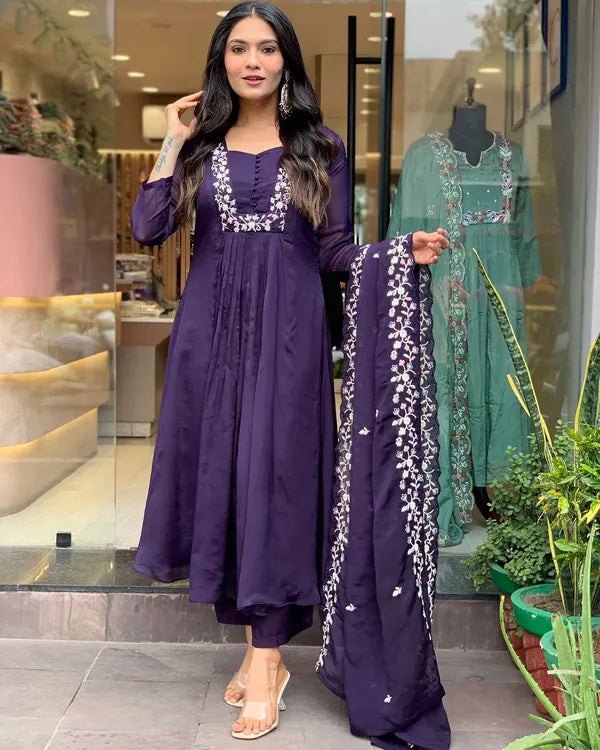 Purple Cotton Super Dying With Beautiful Embroidery Work Kurta & Pant With Dupatta For Women