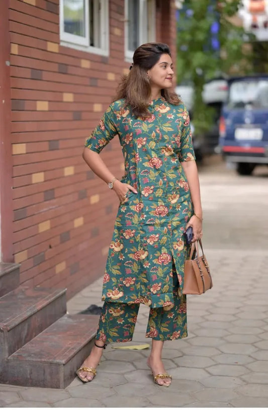 Green Premium Floral Cotton Co-ord Set For Women