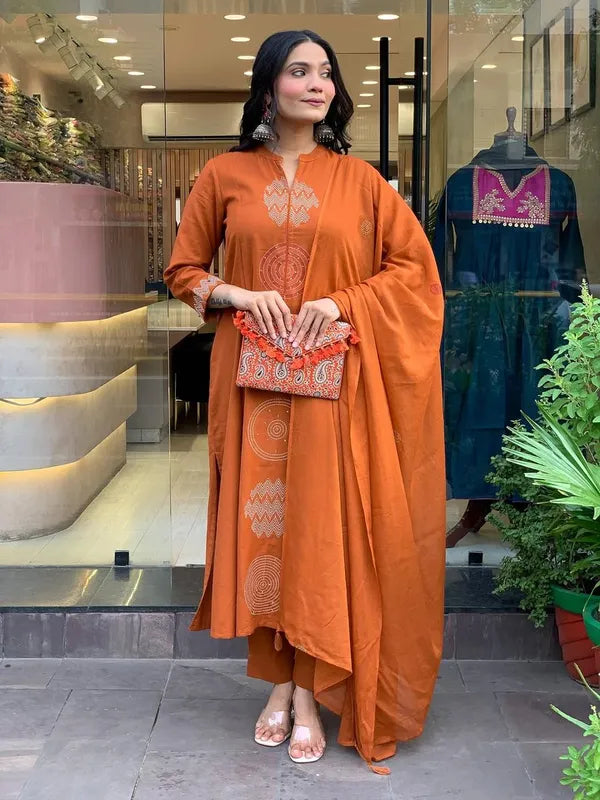 Rust Orange Contemporary Embroidered Kurta Set