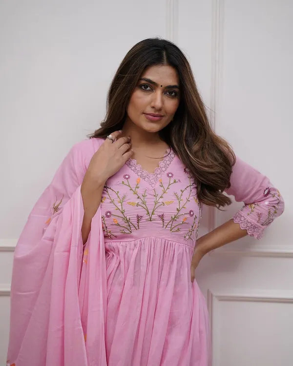 Pink Cotton Kurta Pant Set with Beautiful Embroidery and Sequence Work