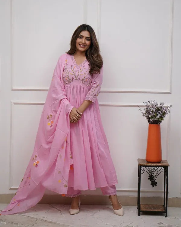 Pink Cotton Kurta Pant Set with Beautiful Embroidery and Sequence Work