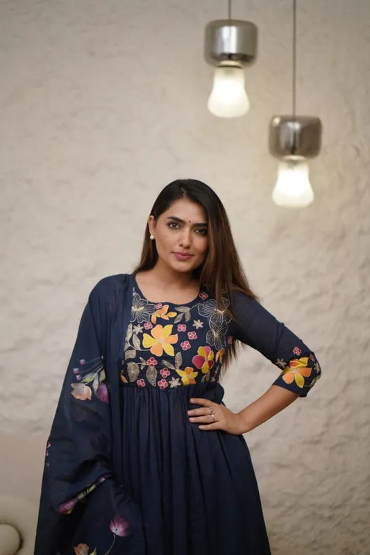 Blue Cotton Beautiful Embroidery Work With Suqes Heavy Suit