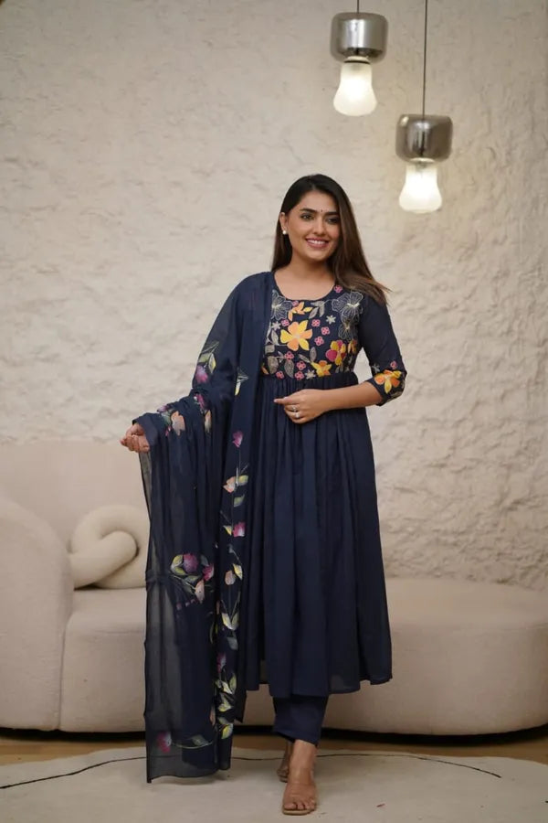 Blue Cotton Beautiful Embroidery Work With Suqes Heavy Suit