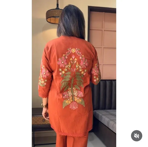 Rust Orange Co-ord Set with Subtle Embroidery Accents