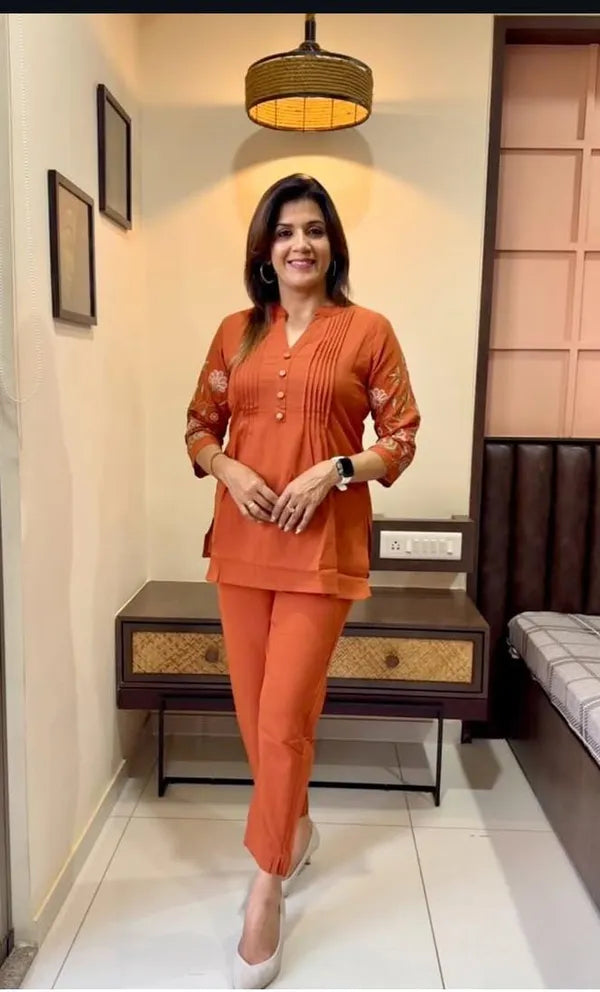 Rust Orange Co-ord Set with Subtle Embroidery Accents
