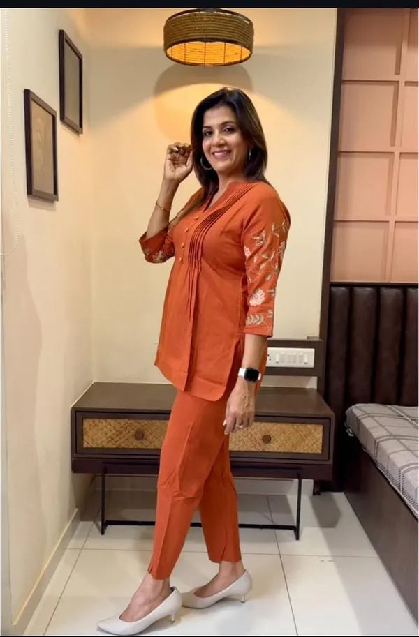 Rust Orange Co-ord Set with Subtle Embroidery Accents