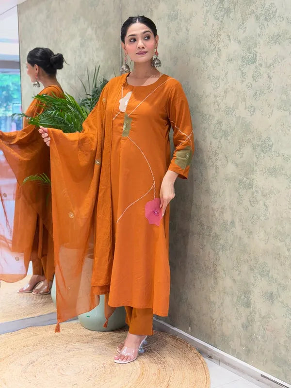 Rust Orange Straight Style Kurta Set