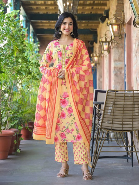 Floral Printed Straight Kurta With Trouser And Dupatta
