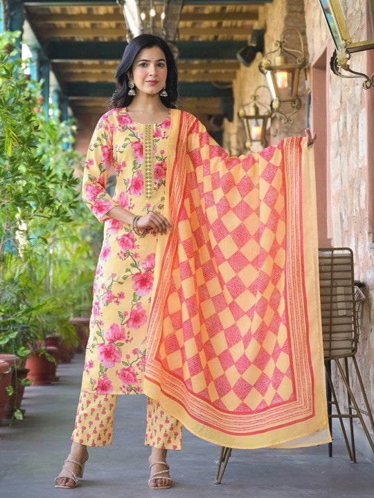 Floral Printed Straight Kurta With Trouser And Dupatta