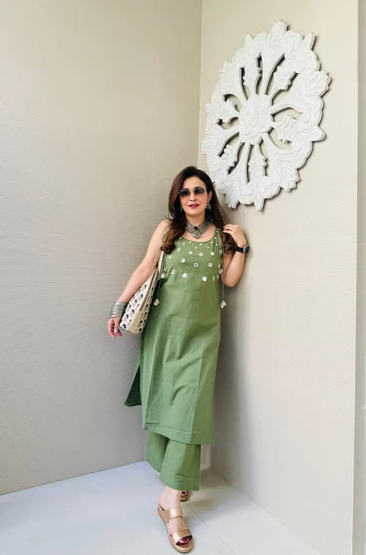 Green Premium Cotton Slub Co-ord Set For Women