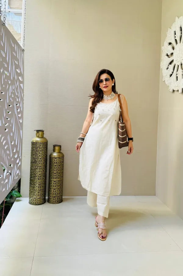 Off White Premium Cotton Slub Co-ord Set For Women