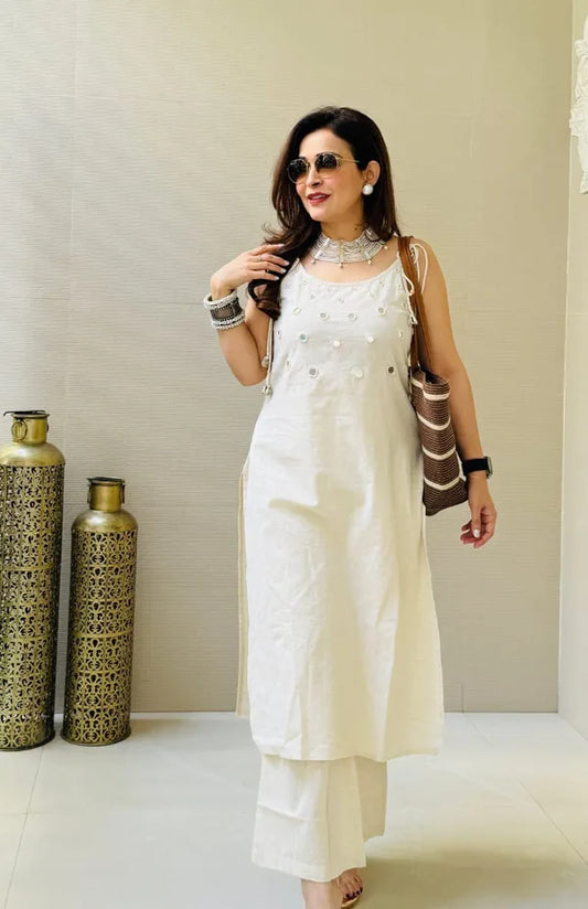 Off White Premium Cotton Slub Co-ord Set For Women