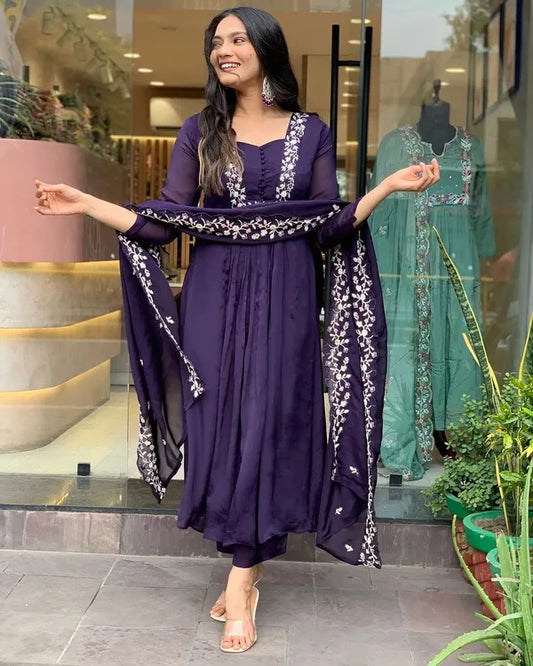 Purple Cotton Super Dying With Beautiful Embroidery Work Kurta & Pant With Dupatta For Women