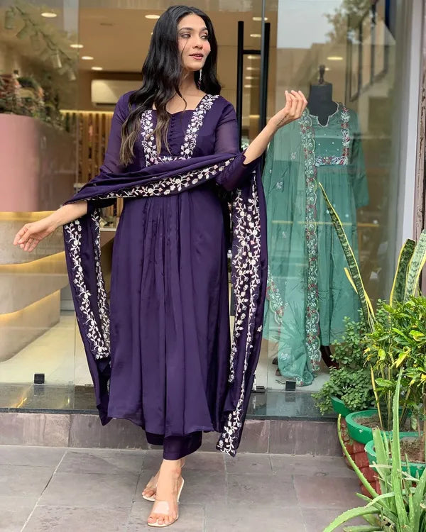 Purple Cotton Super Dying With Beautiful Embroidery Work Kurta & Pant With Dupatta For Women