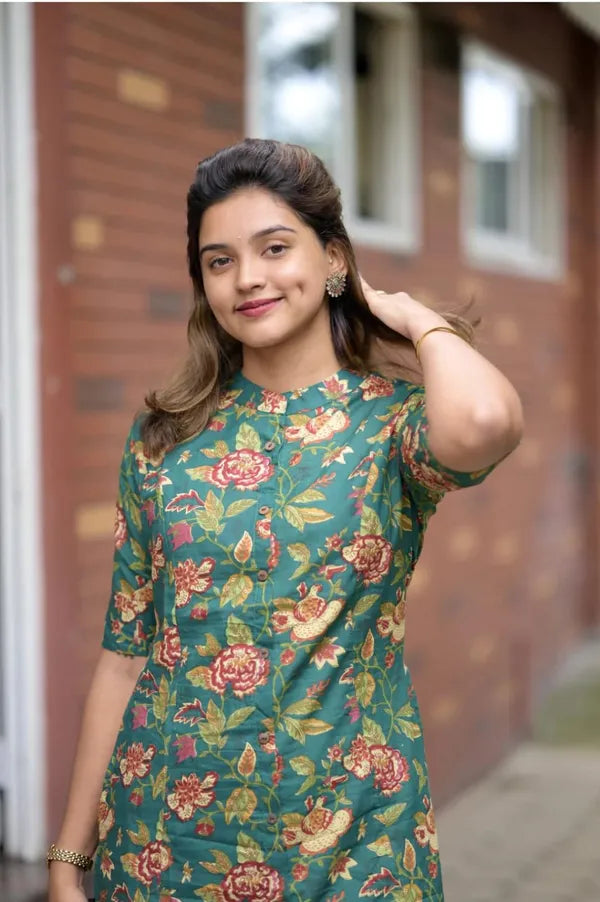 Green Premium Floral Cotton Co-ord Set For Women