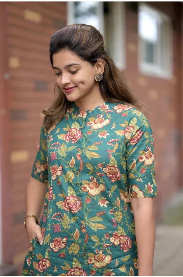Green Premium Floral Cotton Co-ord Set For Women