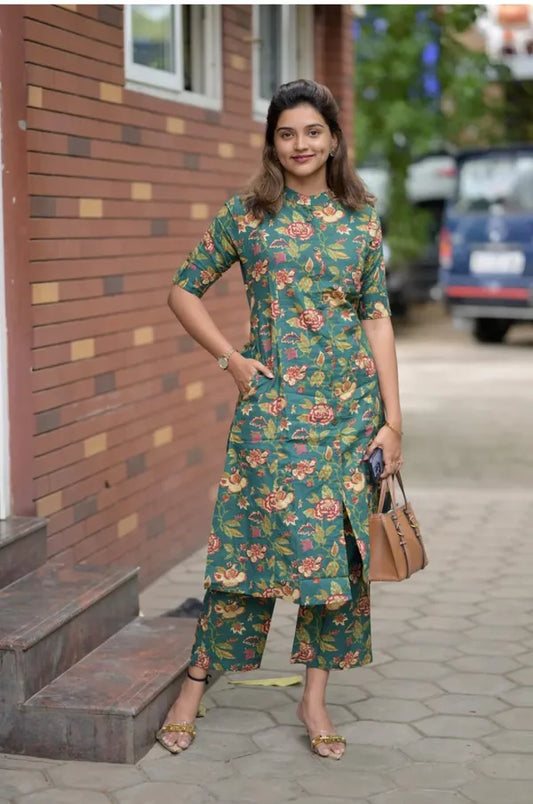 Green Premium Floral Cotton Co-ord Set For Women