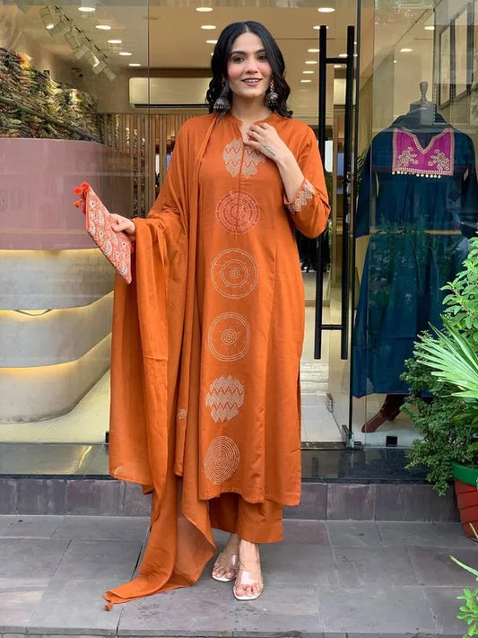 Rust Orange Contemporary Embroidered Kurta Set