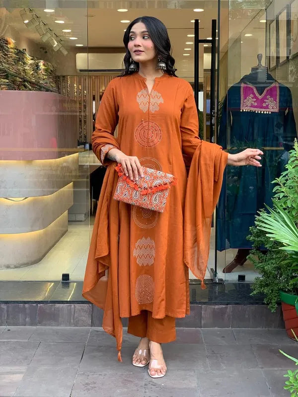 Rust Orange Contemporary Embroidered Kurta Set