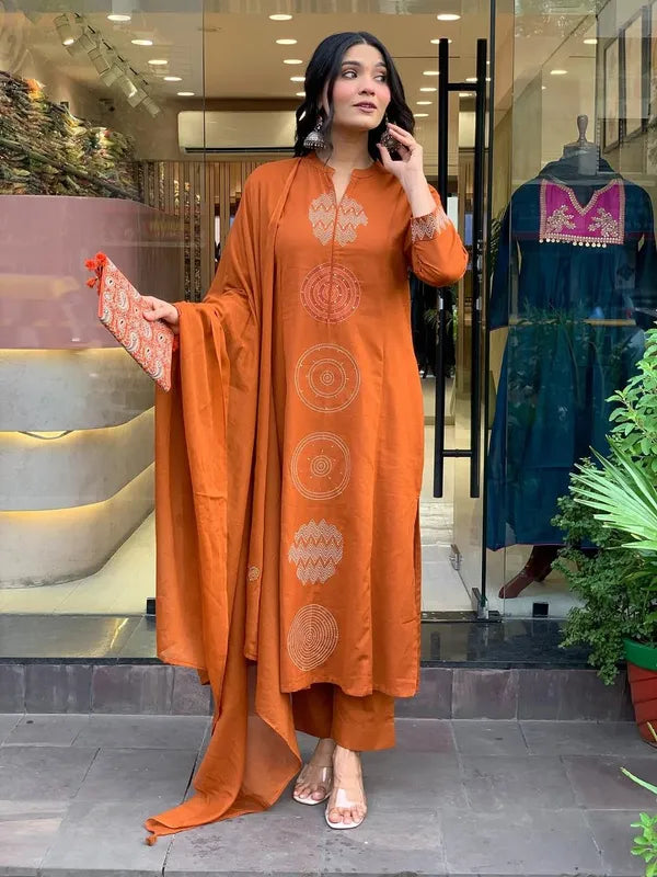 Rust Orange Contemporary Embroidered Kurta Set
