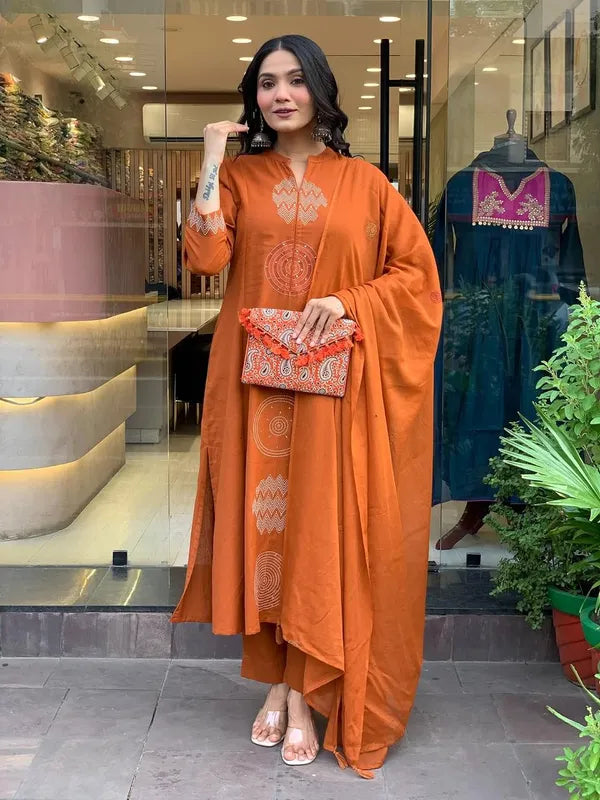 Rust Orange Contemporary Embroidered Kurta Set