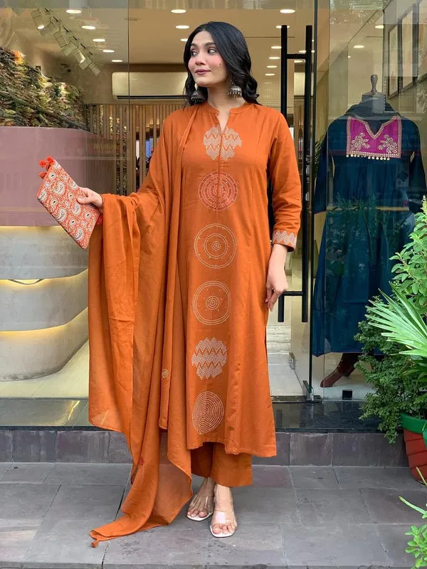 Rust Orange Contemporary Embroidered Kurta Set