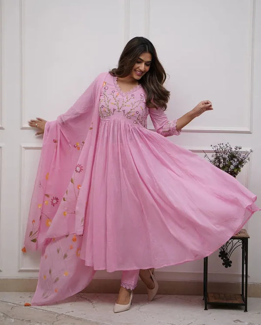 Pink Cotton Kurta Pant Set with Beautiful Embroidery and Sequence Work