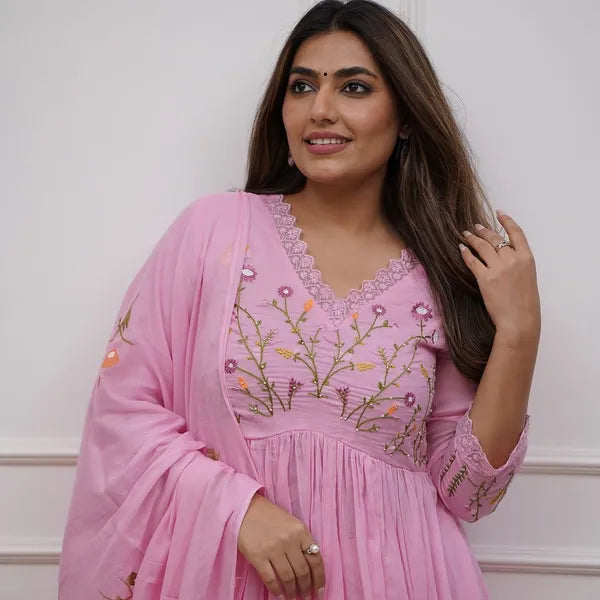 Pink Cotton Kurta Pant Set with Beautiful Embroidery and Sequence Work
