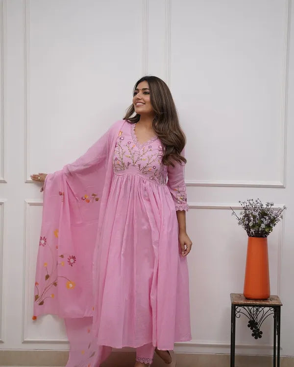 Pink Cotton Kurta Pant Set with Beautiful Embroidery and Sequence Work