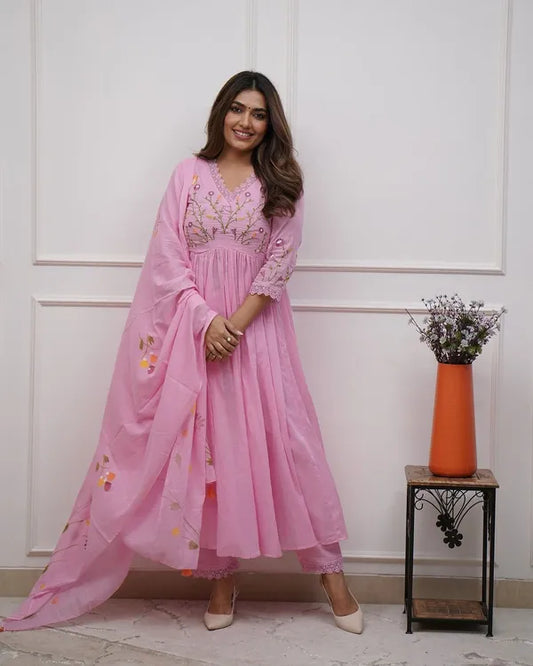 Pink Cotton Kurta Pant Set with Beautiful Embroidery and Sequence Work