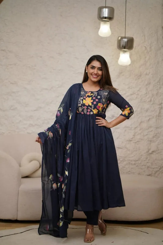 Blue Cotton Beautiful Embroidery Work With Suqes Heavy Suit
