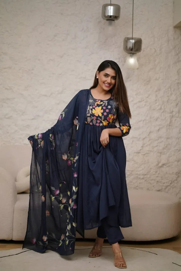 Blue Cotton Beautiful Embroidery Work With Suqes Heavy Suit