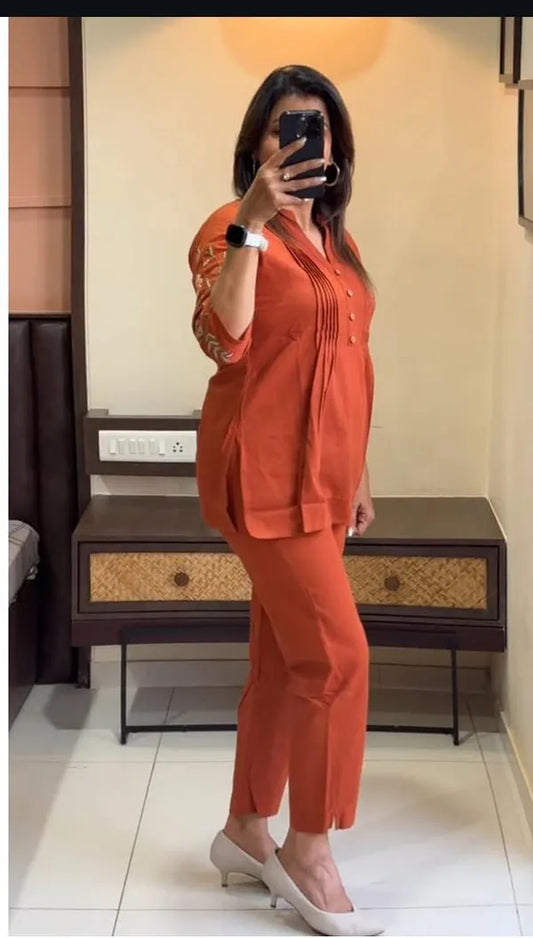Rust Orange Co-ord Set with Subtle Embroidery Accents