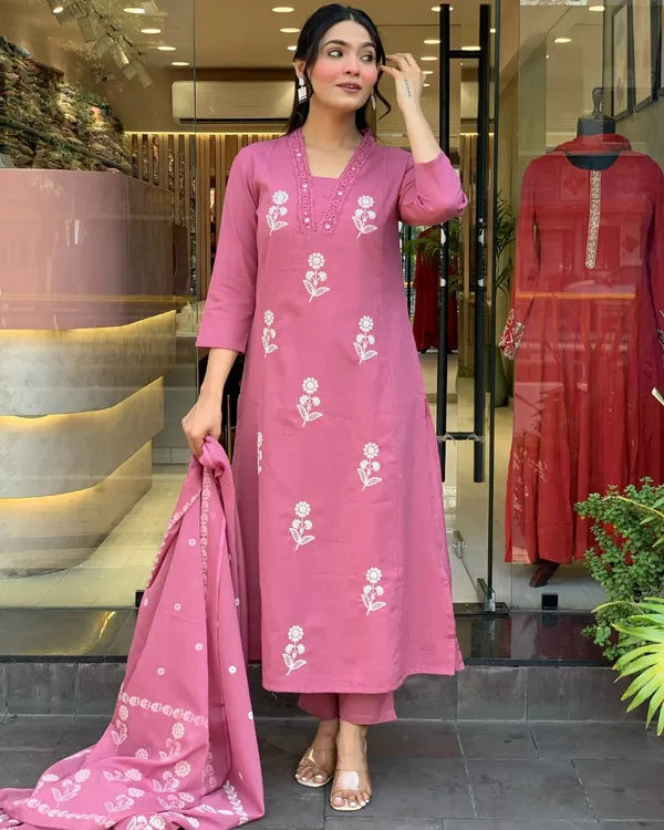 Subtle Elegance Taupe Floral Embroidered Kurta Set