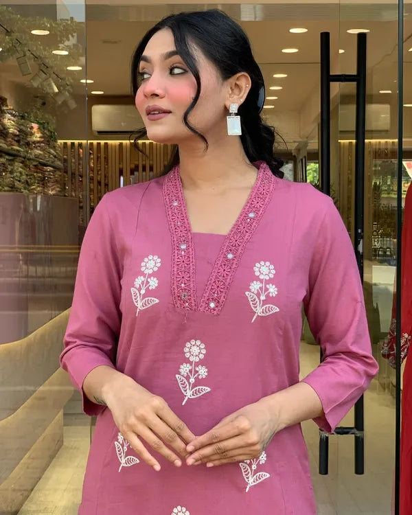Subtle Elegance Taupe Floral Embroidered Kurta Set