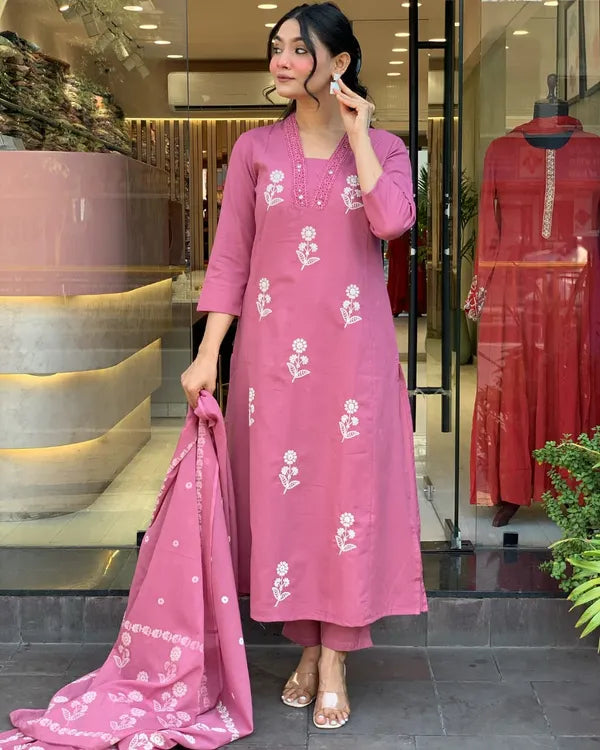 Subtle Elegance Taupe Floral Embroidered Kurta Set