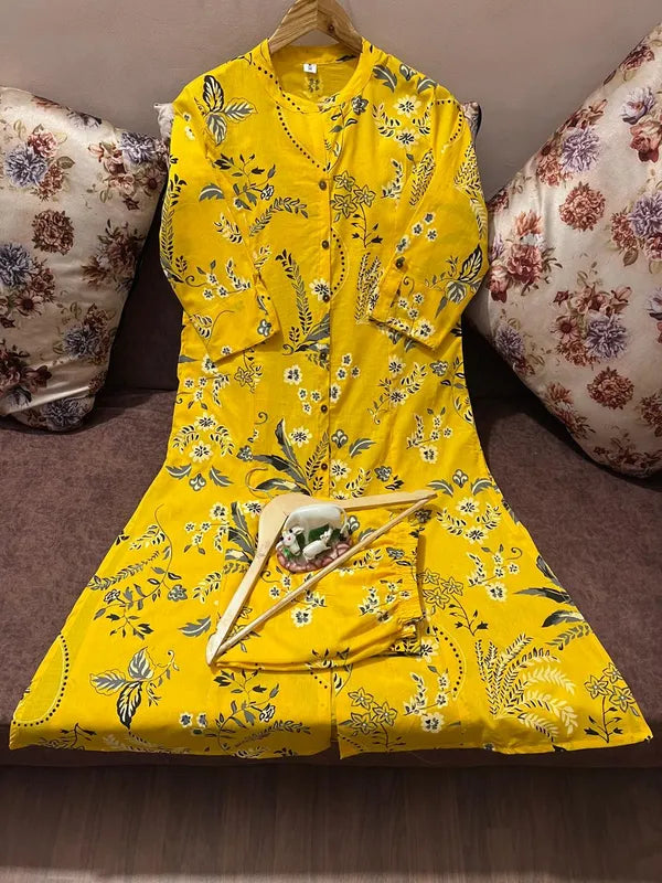 Yellow Cotton Printed Co-Ord Set For Women
