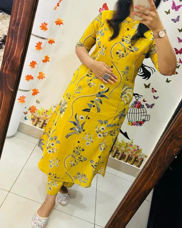 Yellow Cotton Printed Co-Ord Set For Women