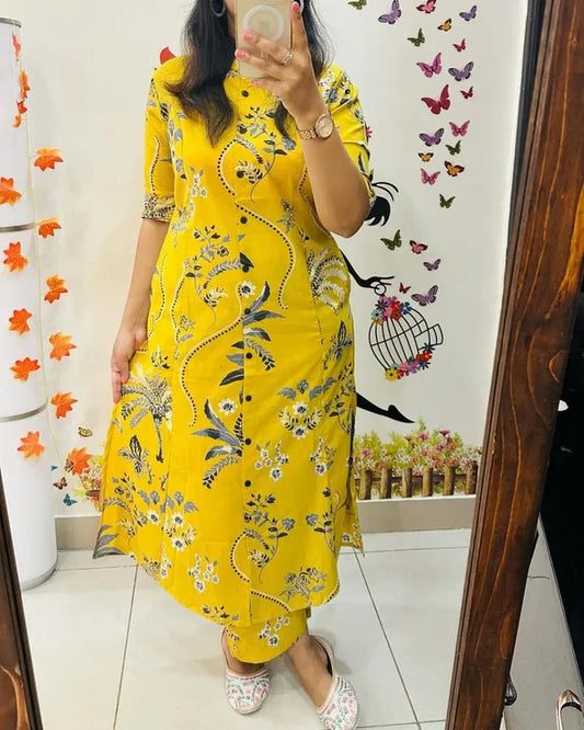 Yellow Cotton Printed Co-Ord Set For Women