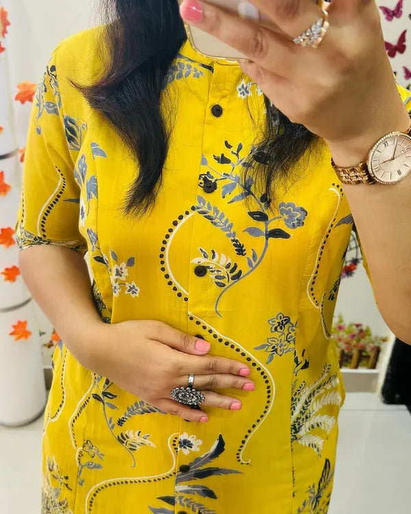 Yellow Cotton Printed Co-Ord Set For Women