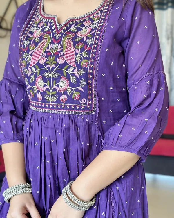 Purple Cotton Printed Kurta & Pant With Malmal Dupatta Set For Women
