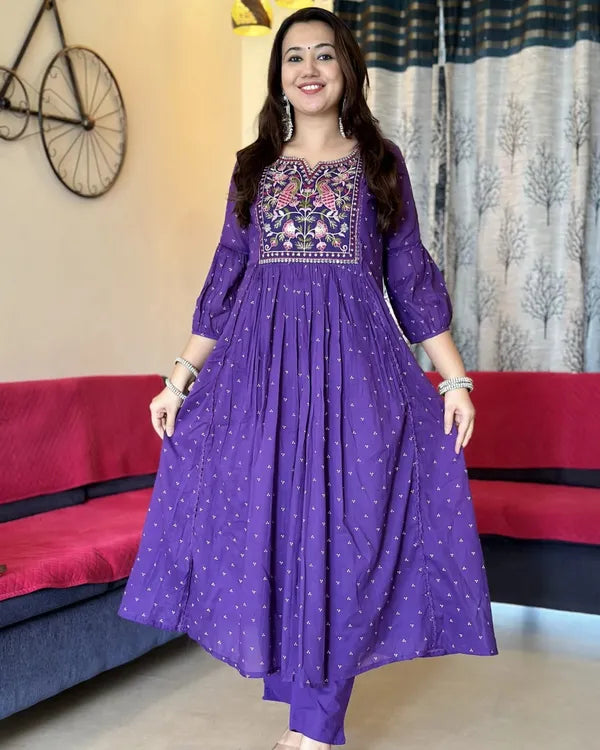 Purple Cotton Printed Kurta & Pant With Malmal Dupatta Set For Women