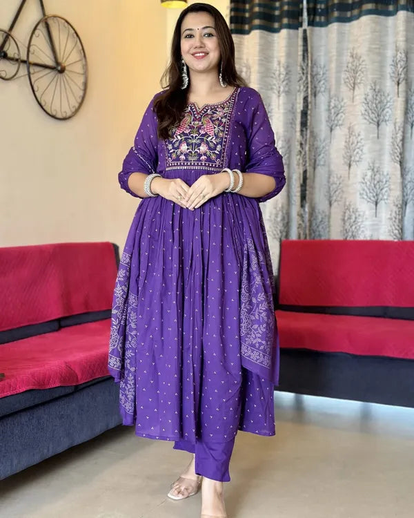 Purple Cotton Printed Kurta & Pant With Malmal Dupatta Set For Women