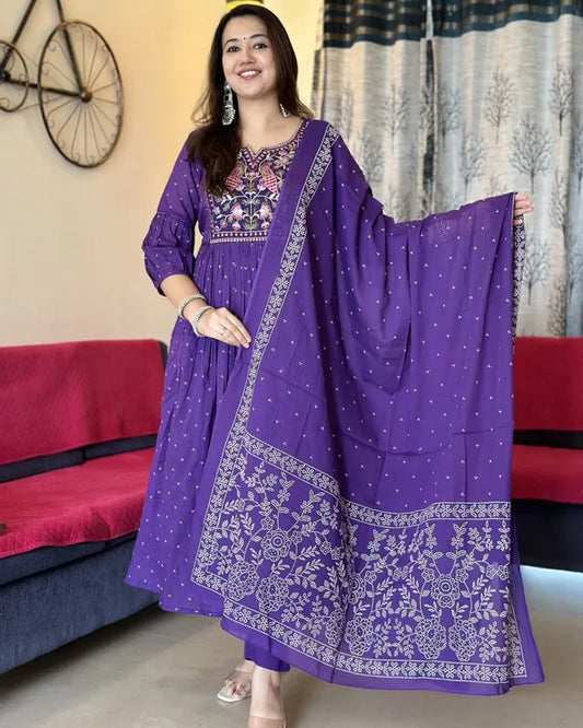Purple Cotton Printed Kurta & Pant With Malmal Dupatta Set For Women