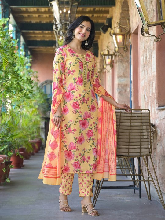 Floral Printed Straight Kurta With Trouser And Dupatta